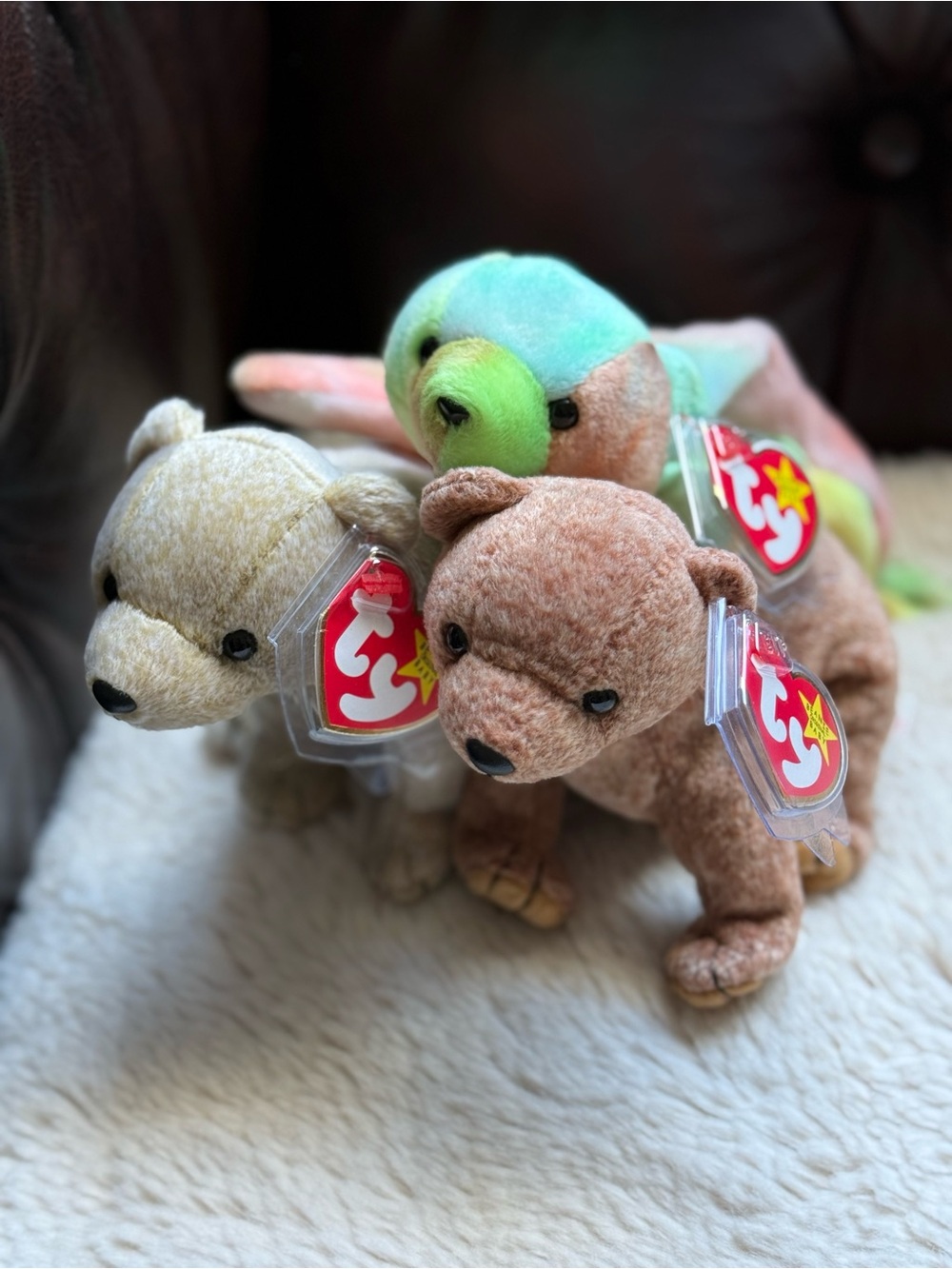 Ty Beanie Baby Trio - Brown Bear, Cream Bear & Tie Die Bear
